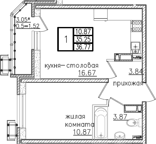 2-комн., 35.25 м², 22/23 этаж, ЖК «Урал»