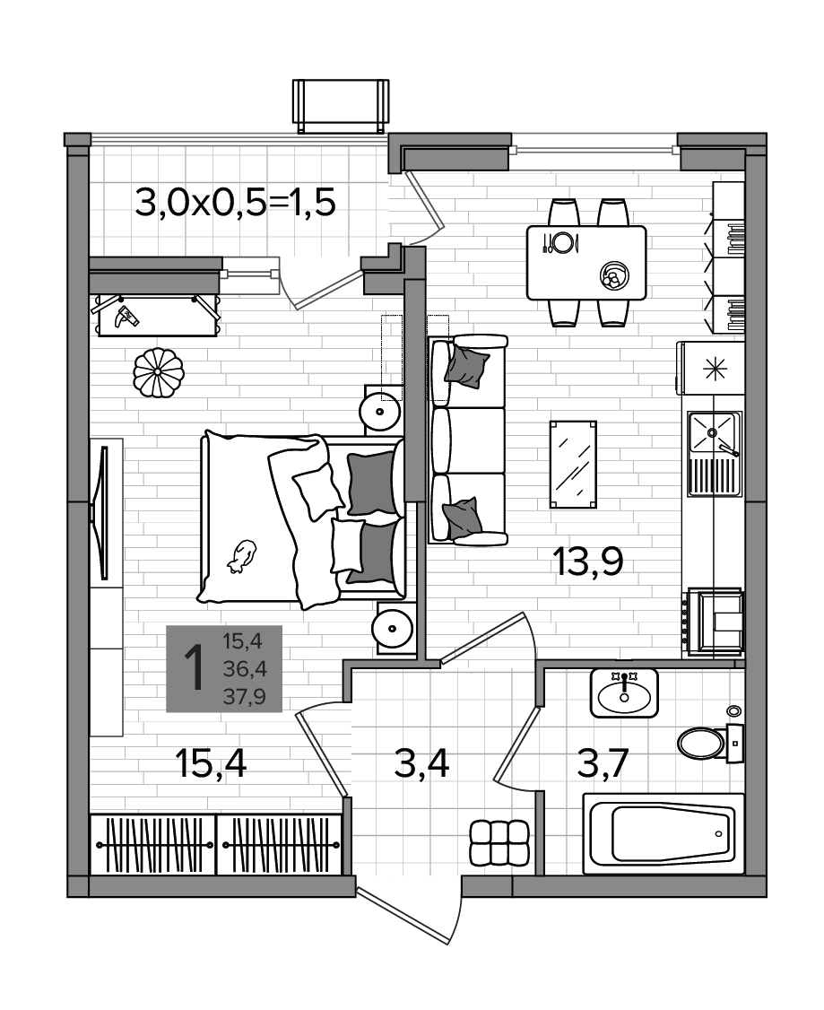 1-комн., 36.4 м², 2/16 этаж, ЖК «Сармат»