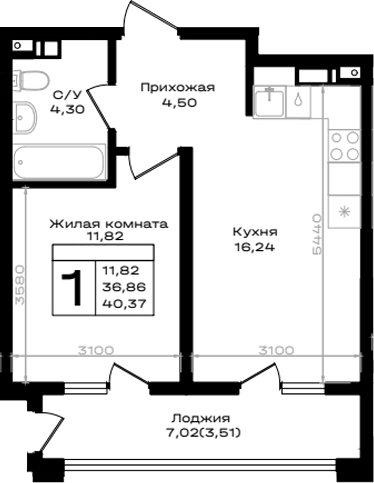 1-комн., 36.86 м², 4/9 этаж, ЖК «ЮЖНО»