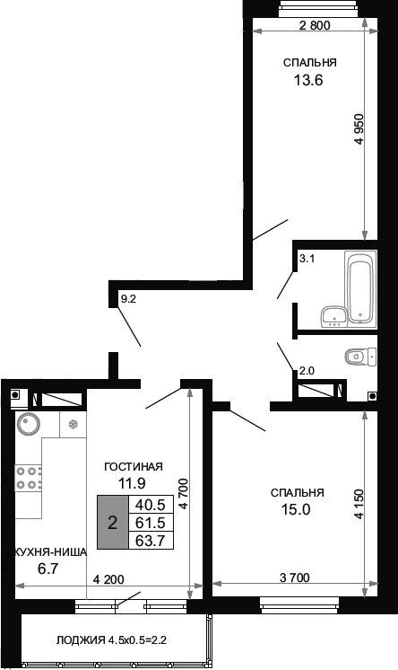 3-комн., 61.5 м², 18/24 этаж, ЖК «Свобода»