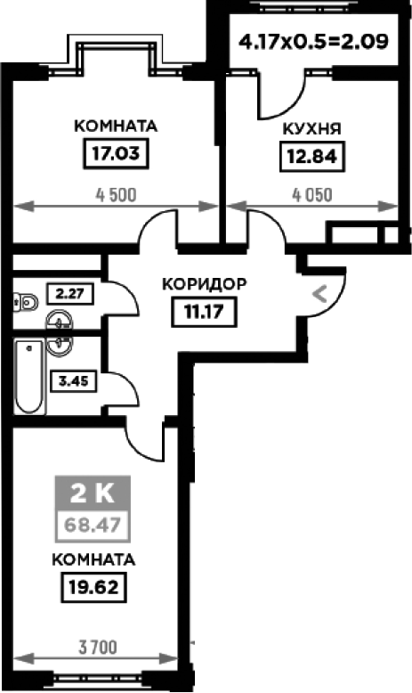 2-комн., 66.38 м², 4/19 этаж, ЖК «Сердце»