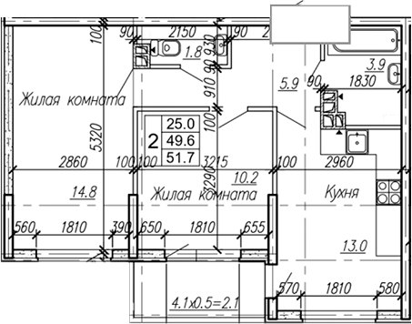 2-комн., 49.6 м², 2/4 этаж, ЖК «Дзенпарк»