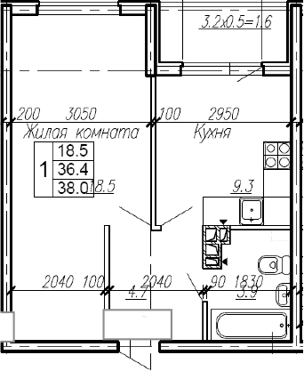 1-комн., 36.4 м², 2/4 этаж, ЖК «Эво»