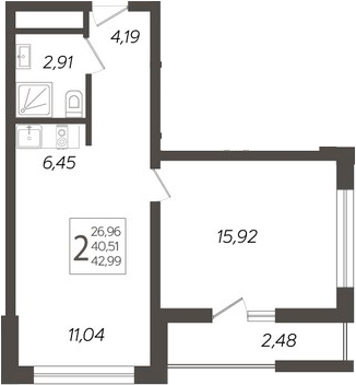 2-комн., 40.51 м², 11/19 этаж, ЖК «Кислород»