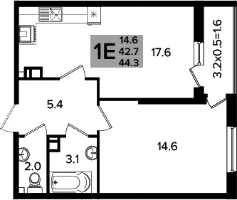 2-комн., 42.7 м², 9/16 этаж, ЖК «Сармат»