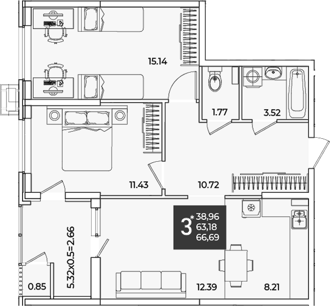 Продается 2-комн. квартира, 63.18 м²