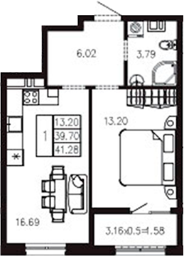 1-комн., 39.72 м², 2/9 этаж, ЖК «Суворов»