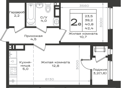 2-комн., 39.2 м², 9/14 этаж, ЖК «Нагория»