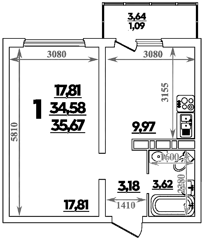 1-комн., 34.58 м², 8/9 этаж, ЖК «Романовский»