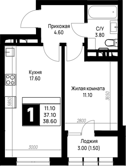 1-комн., 37.1 м², 9/9 этаж, ЖК «На высоком берегу»