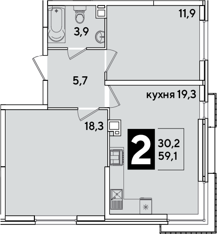 3-комн., 59.1 м², 2/16 этаж, ЖК «Самолет»
