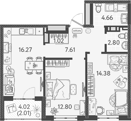 3-комн., 58.6 м², 3/9 этаж, ЖК «Друзья»