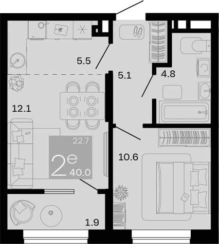 2-комн., 38.1 м², 8/9 этаж, ЖК «Хозяин Морей»