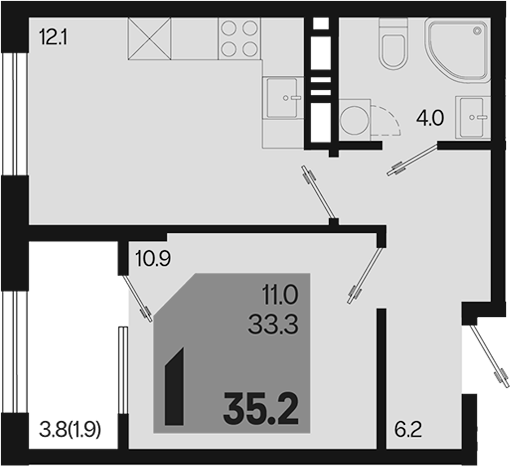 1-комн., 33.3 м², 9/18 этаж, ЖК «Первое место»