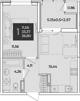 1-комн., 34.23 м², 14/18 этаж, ЖК «Образцово»