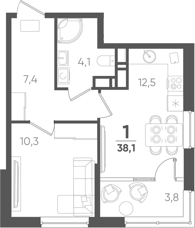 1-комн., 34.3 м², 15/18 этаж, ЖК «Барса»