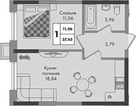 1-комн., 37.65 м², 3/9 этаж, ЖК «Зеленая территория»