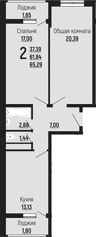 2-комн., 61.84 м², 13/24 этаж, ЖК «Славянка»
