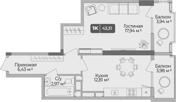 1-комн., 40.94 м², 1/17 этаж, ЖК «Золотой берег. СЗ Среда»
