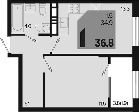 1-комн., 34.9 м², 12/18 этаж, ЖК «Первое место»