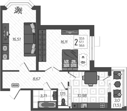 2-комн., 57.1 м², 1/9 этаж, ЖК «AVAnta»