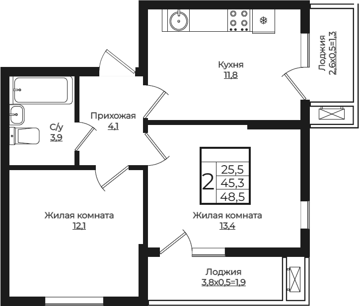 2-комн., 45.3 м², 5/7 этаж, ЖК «Европа-Сити»