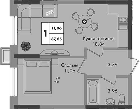1-комн., 37.65 м², 4/9 этаж, ЖК «Зеленая территория»