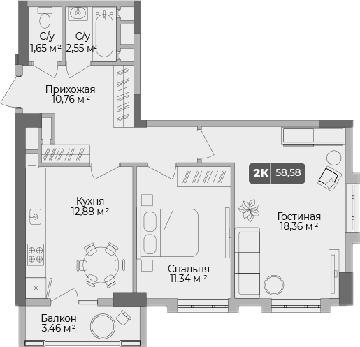 2-комн., 57.51 м², 1/17 этаж, ЖК «Золотой берег. СЗ Среда»