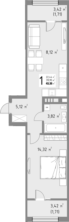 1-комн., 39.93 м², 7/15 этаж, ЖК «Коллекция»