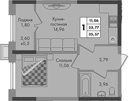 1-комн., 33.77 м², 8/9 этаж, ЖК «Зеленая территория»