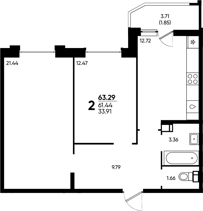 2-комн., 61.44 м², 9/18 этаж, ЖК «Достояние»
