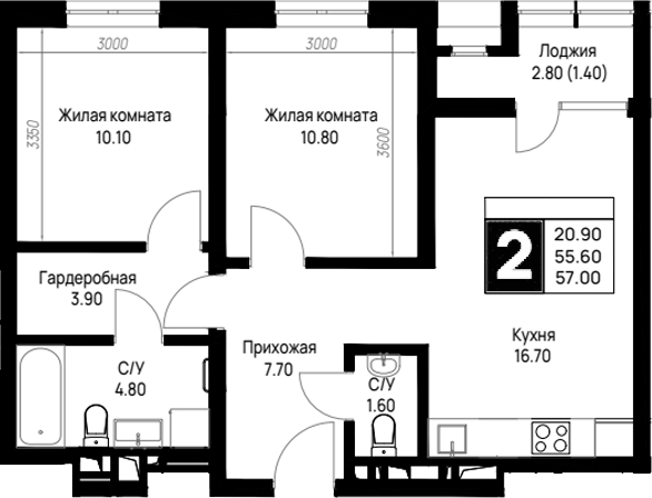 2-комн., 55.6 м², 3/12 этаж, ЖК «На высоком берегу»