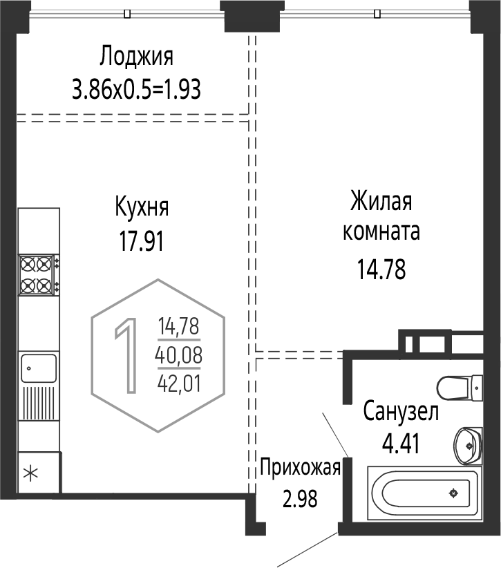 2-комн., 40.08 м², 15/16 этаж, ЖК «Гарантия PRIME»