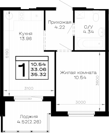 1-комн., 33.06 м², 2/4 этаж, ЖК «Усадьба Гостагаевская»