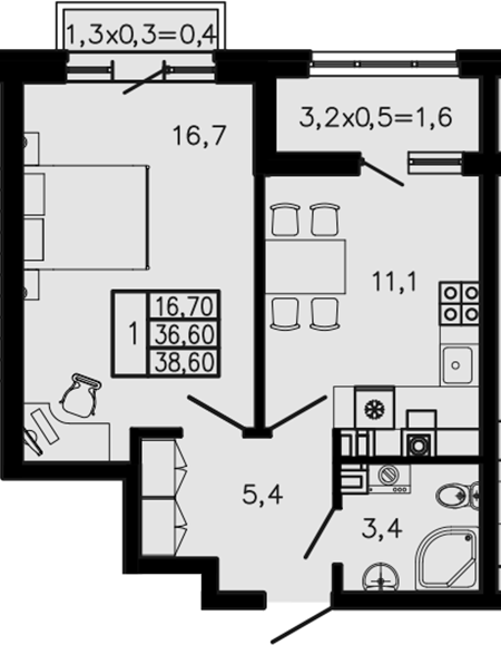 1-комн., 36.6 м², 4/4 этаж, ЖК «Экосфера»