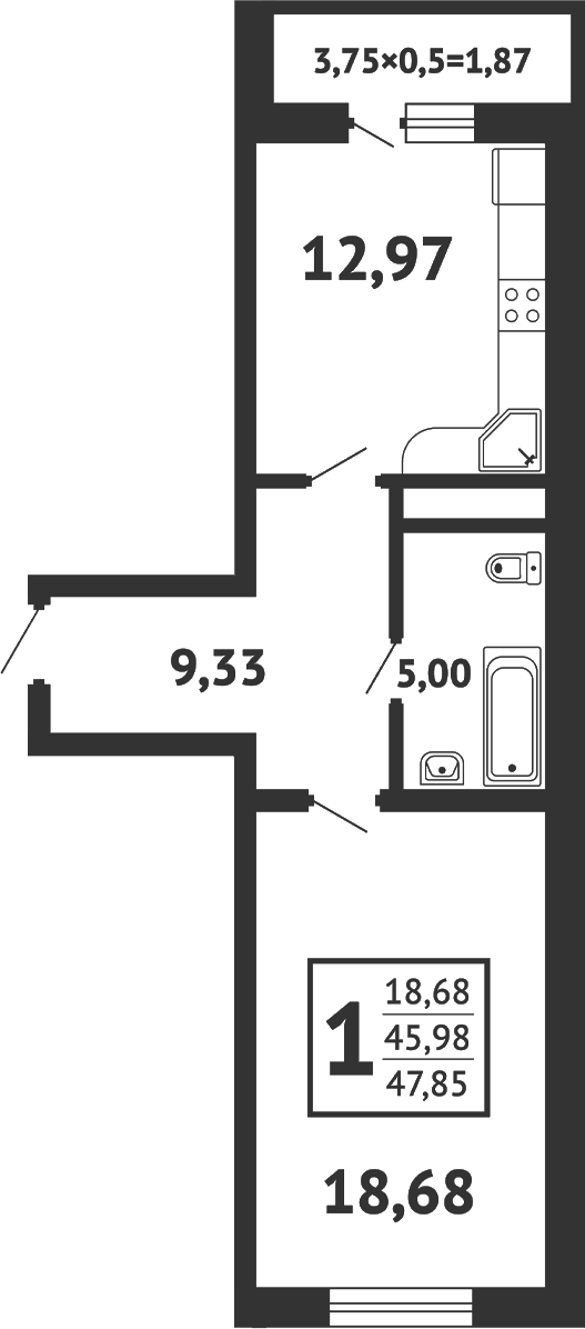 1-комн., 45 м², 2/12 этаж, ЖК «Кутузовский. ООО К-2»
