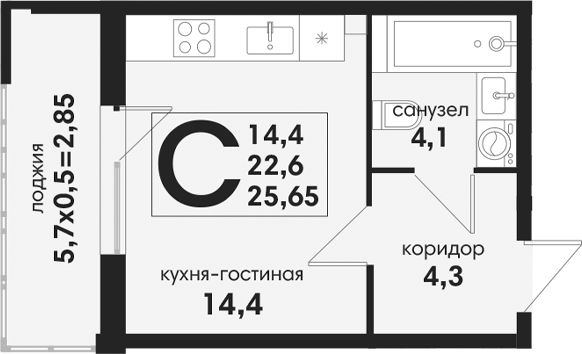 Студия, 22.8 м², 1/4 этаж, ЖК «Новая Елизаветка»