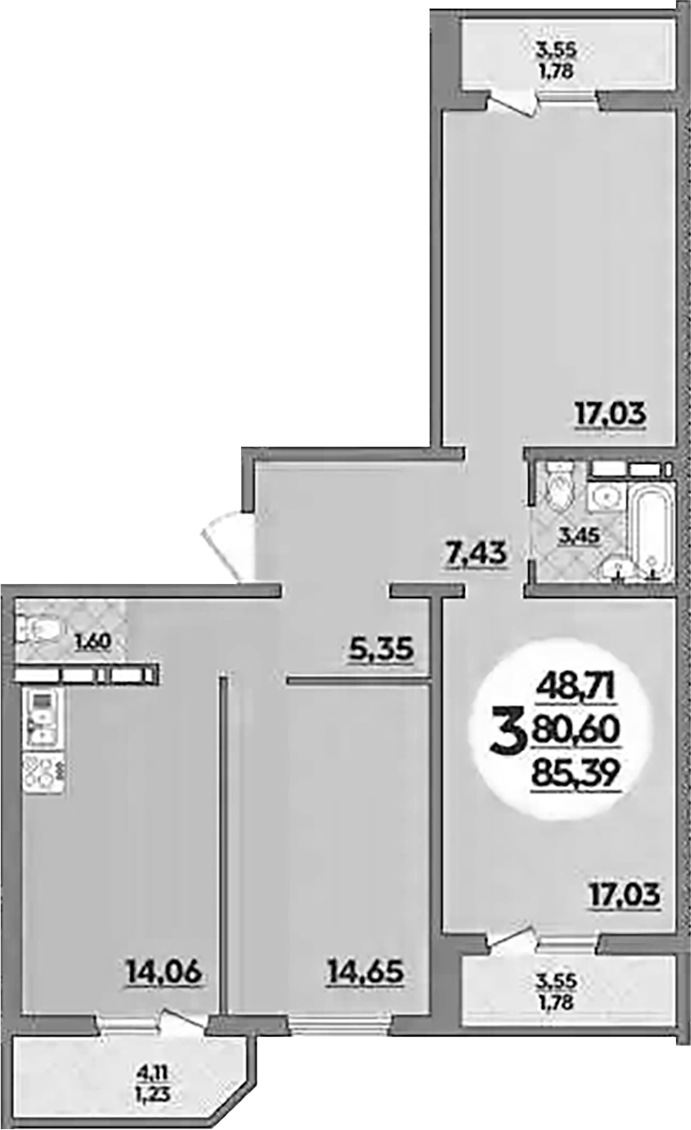 3-комн., 80.6 м², 1/16 этаж, ЖК «Восточный. Квартал №6»