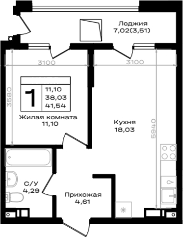 1-комн., 38.03 м², 4/9 этаж, ЖК «ЮЖНО»