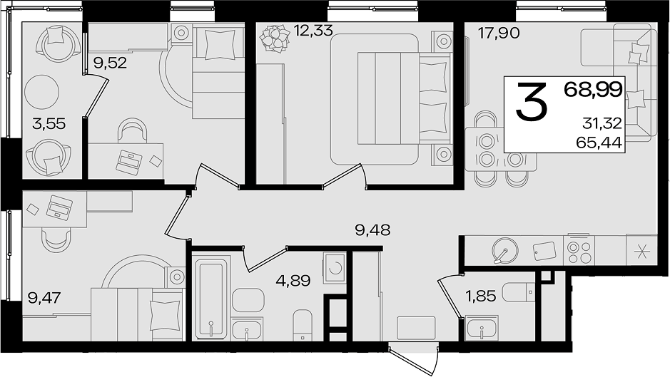 Продается 4-комн. квартира, 65.78 м²