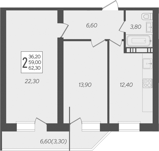 2-комн., 59 м², 6/6 этаж, ЖК «Ярославский»