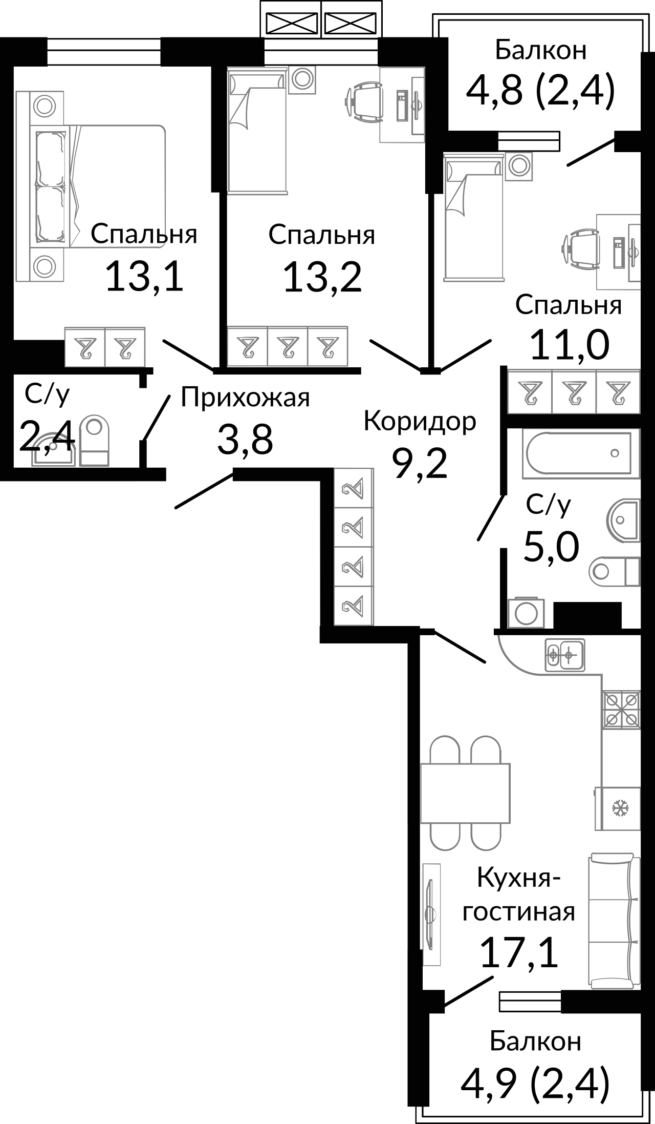 4+ комнаты, 76.7 м², 9/23 этаж, ЖК «Отражение»