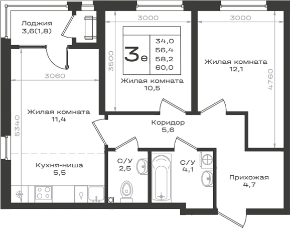 3-комн., 56.4 м², 2/12 этаж, ЖК «Нагория»