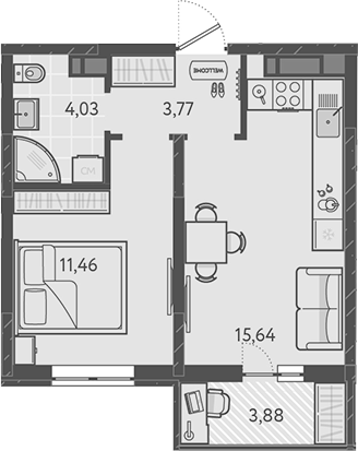 2-комн., 34.9 м², 2/9 этаж, ЖК «Теплые края»