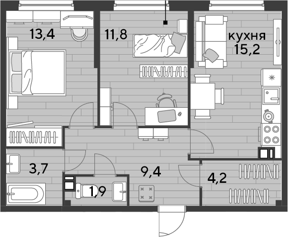 2-комн., 59.6 м², 5/16 этаж, ЖК «DОГМА ПАРК»