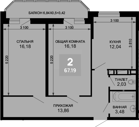 2-комн., 63.77 м², 6/19 этаж, ЖК «Лучший»