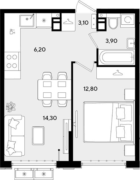 2-комн., 40.3 м², 6/9 этаж, ЖК «Порто-Ново»