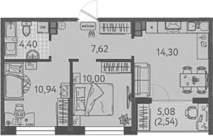 2-комн., 47.26 м², 8/9 этаж, ЖК «Друзья»