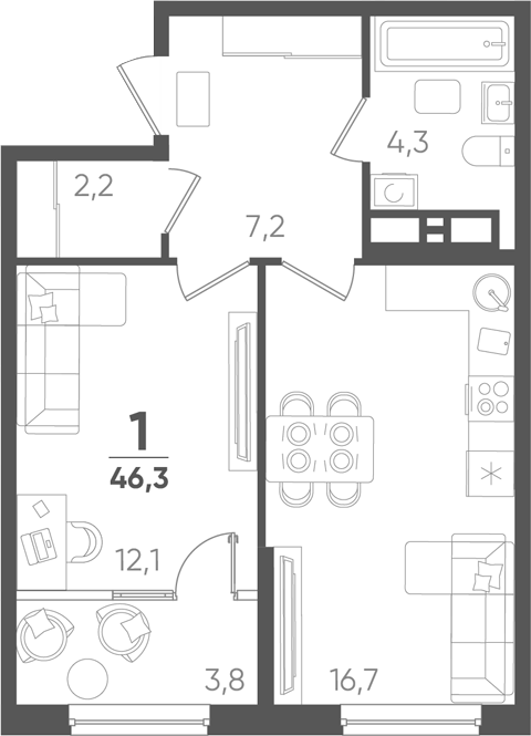 1-комн., 42.5 м², 15/18 этаж, ЖК «Барса»