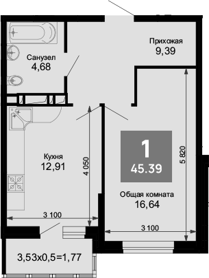 Продается 1-комн. квартира, 43.62 м²